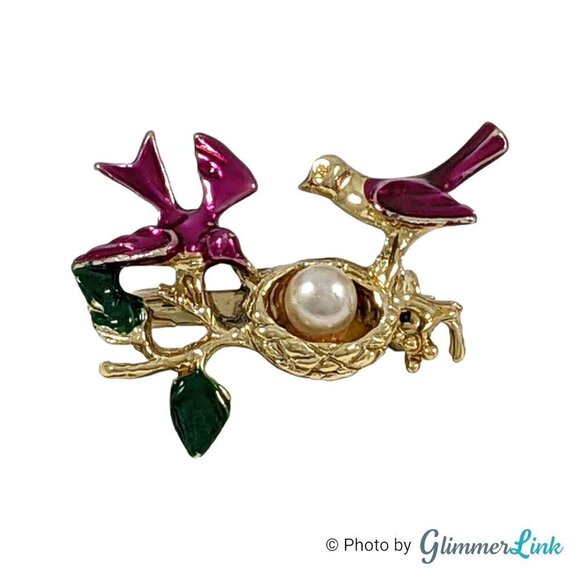 Purple Enamel Nesting Birds Faux Pearl Egg Gold Tone Brooch Pin - Picture 1 of 3